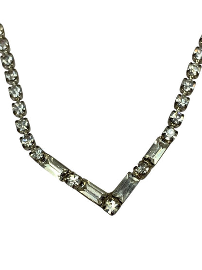 Vintage Rhinestone V Shape Necklace 15 Inch Silvertone Foldover Clasp