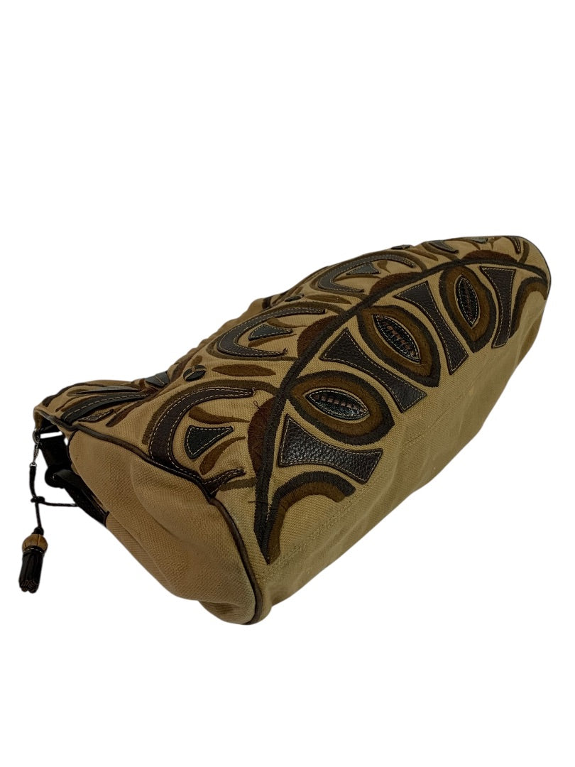 Brighton Canvas Shoulder Bag Brown Embroidered Hobo Heart Charm Large Tote