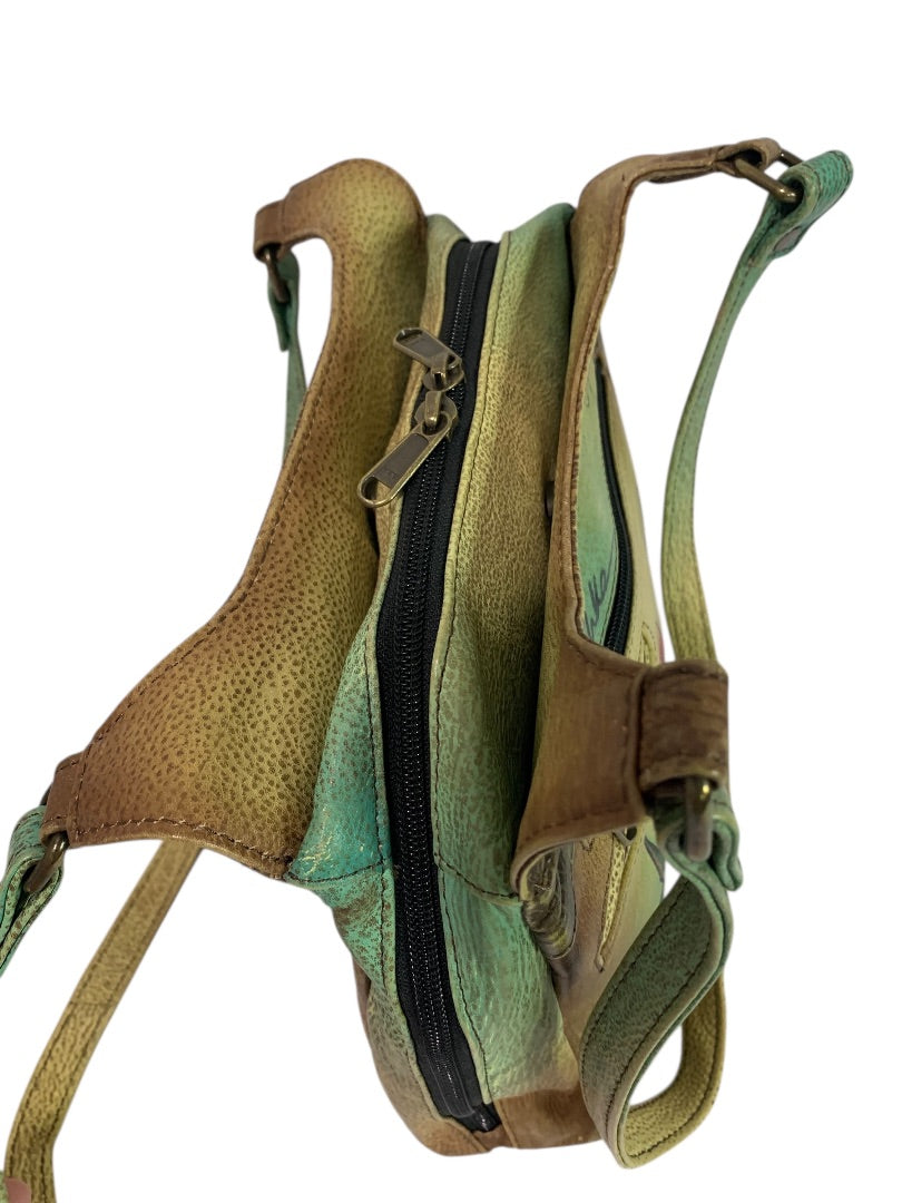 Anuschka Flower Leather 3 Compartment Shoulder Bag Hand-Painted USA