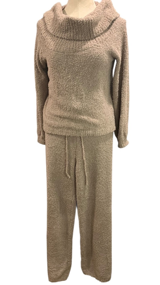 XL Pink Rose Womens Brown Teddy Fleece Pajama Set Lounge Wear