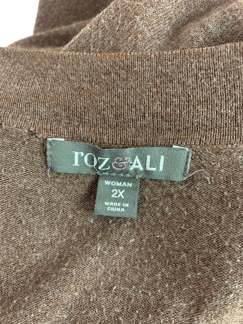 2X Roz & Ali Womens Long Tunic Cardigan Sweater Brown Pockets