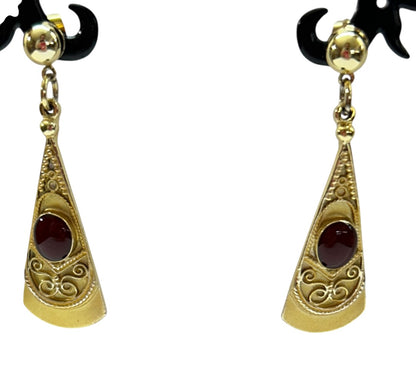 Brushed Goldtone Earrings Post Pierced Red Cabochon 1.75 Inch Drop