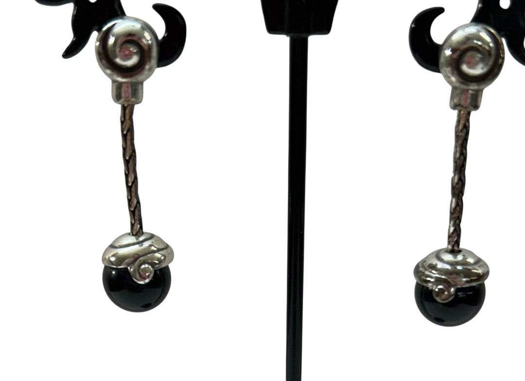 Silvertone Black Post Pierced Earrings 1.25 Inch Drop Dangle