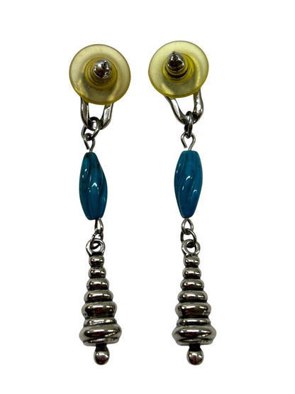 Silvertone Faux Turquoise Pierced Earrings 2.5 Inch Drop Dangle