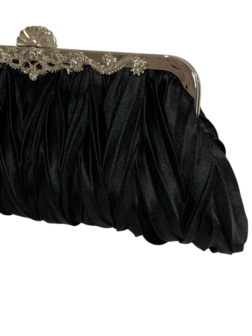 Black Satin Silvertone Hardware Evening Clutch Bag Shoulder Strap Chain