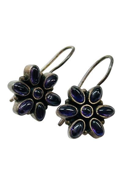 Sterling Silver 925 Flower Earrings Purple Fish Hook 1 Inch