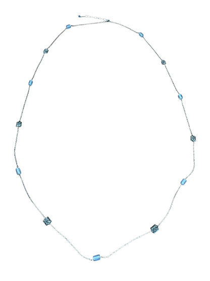 Small Blue Bead and Silvertone Bead Chain Adjustable Necklace 57 Inch