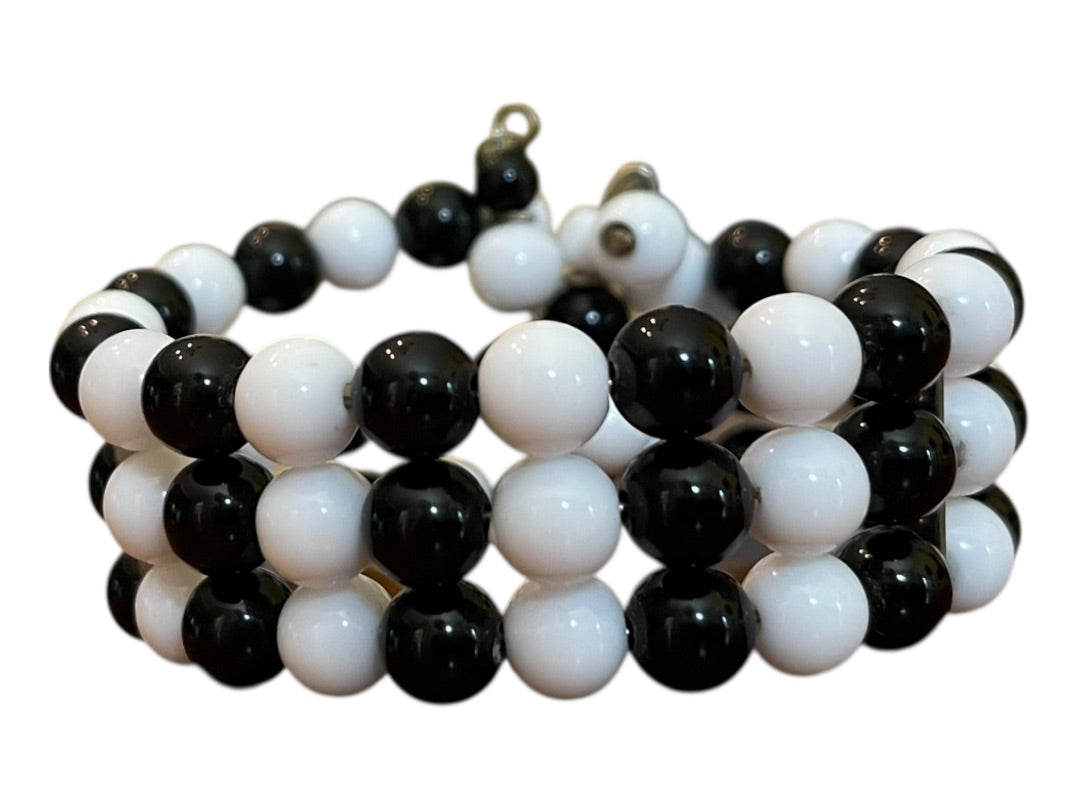Vintage 3 Strand Black White Beaded Adjustable Cuff Bracelet