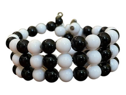 Vintage 3 Strand Black White Beaded Adjustable Cuff Bracelet