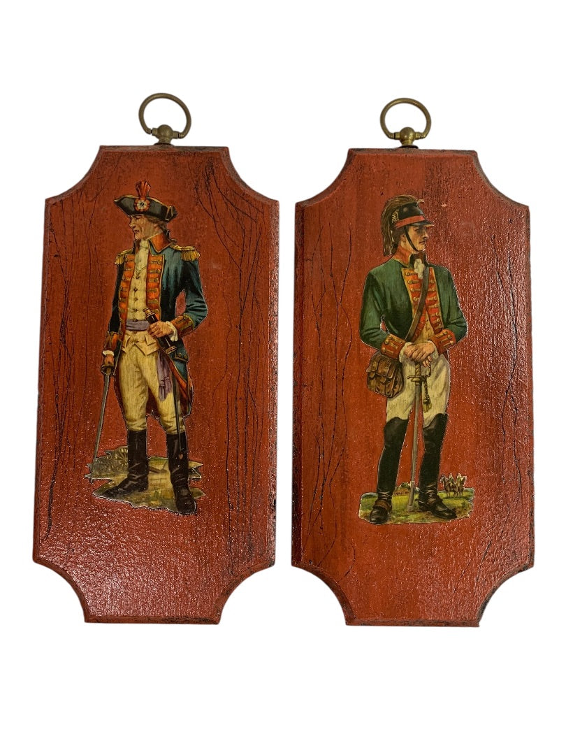 Vintage Revolutionary War Officers Wooden Decoupage Set of 2 Wall Plaques
