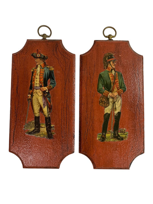 Vintage Revolutionary War Officers Wooden Decoupage Set of 2 Wall Plaques