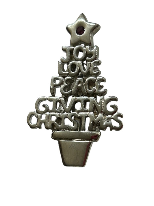 Vintage Silvertone Christmas Tree Brooch Pin 2" Joy Love Peace Giving