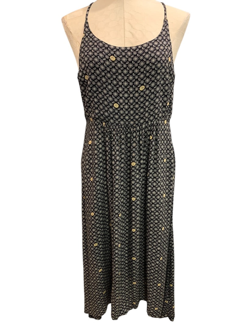 Large Roxy Maxi Dress Side Zip Black Tan Boho Print