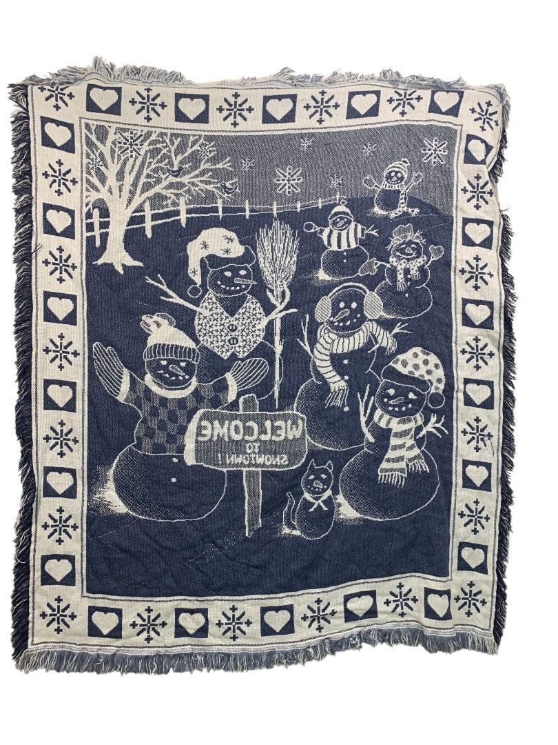 Vintage Woven Throw Blanket Welcome to Snowtown Fringed Blue 56" x 47"
