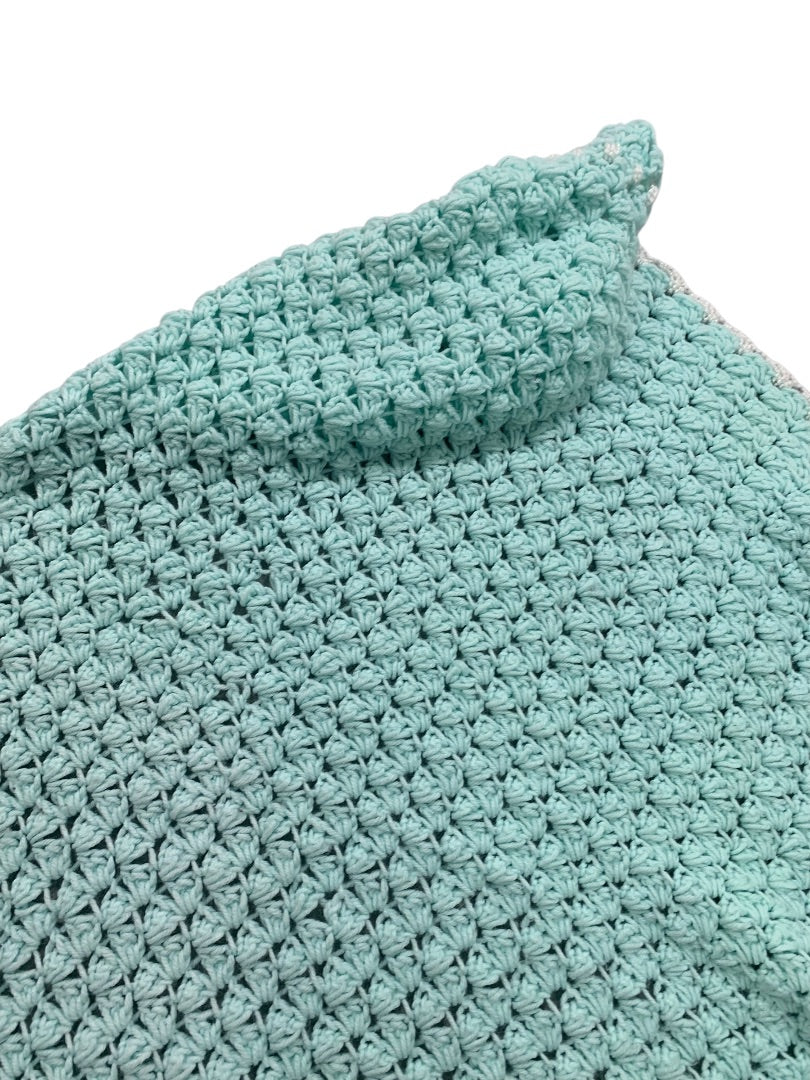 Vintage Mint Green Baby Blanket Crochet White Trim 37" x 34" Hood