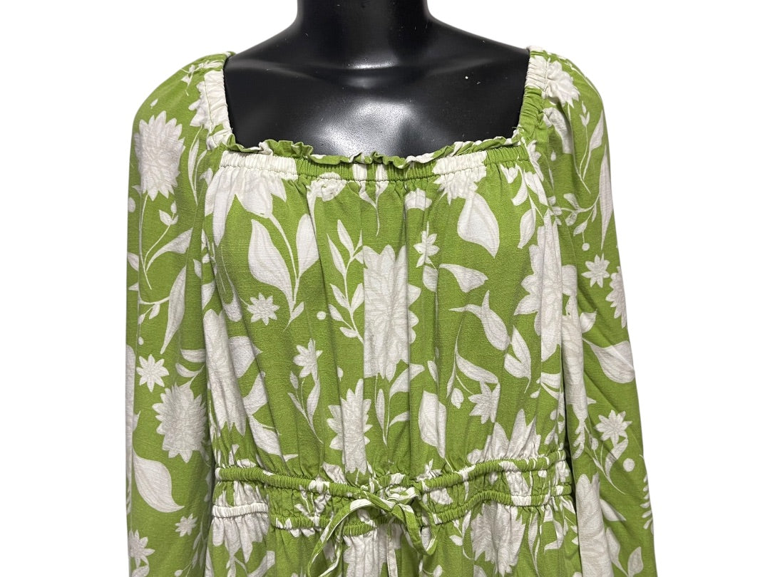 1XL Ava & Viv Floral Long Sleeve Tie Waist Dress Green Boho Style