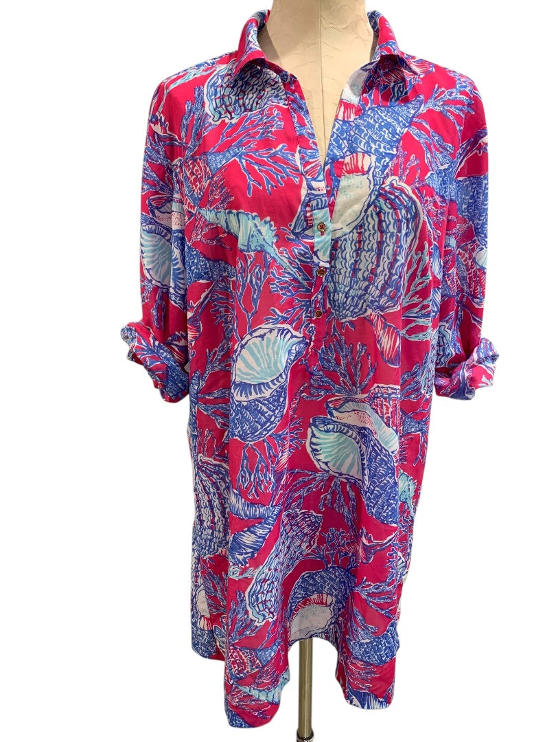 XL Talbots Womens Bathing Cover Up Roll Tab Sleeves Shell Print