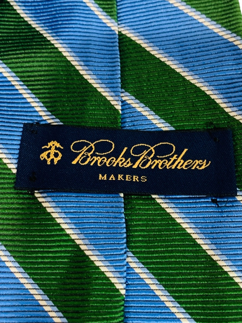 Brooks Brother Mens Woven Silk Necktie Tie Green Blue Stripe 2 3.75" Width 60" Length