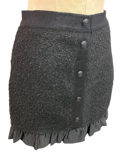 Size 2P Loft Petites Black Tweed Ruffle Hem Skirt Side Zip