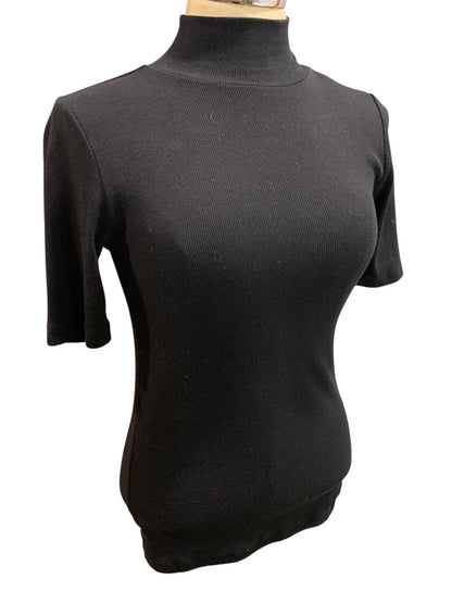 XS Loft Womens Black Ribbed Mock Neck Pullover Shirt Short Sleeve
