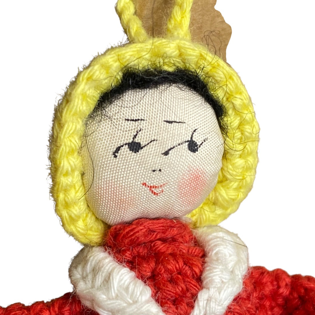 Vintage Amigurumi Japanese Crochet Doll 3" Silk Face Red Blue