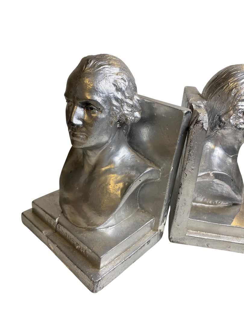 1960 Distressed Pair of Bookends Silver Bust of Washington Plaster Creepy