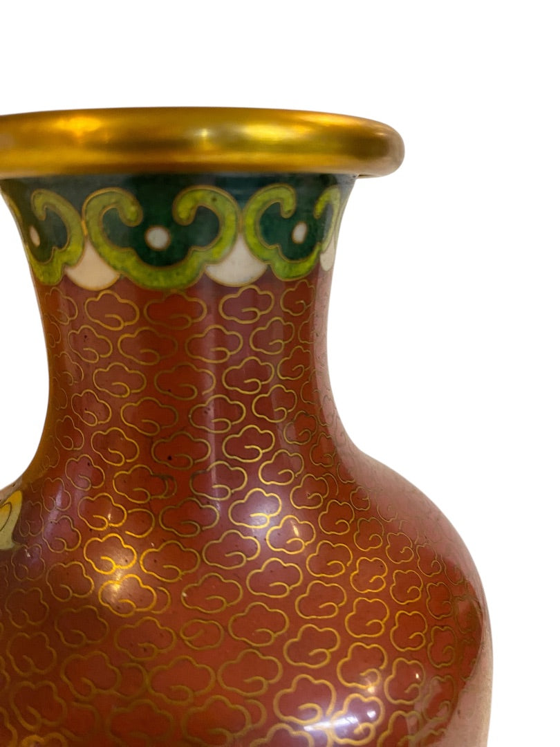 Vintage Oriental Yellow Peonies Enamel Cloisonne Vase 7"