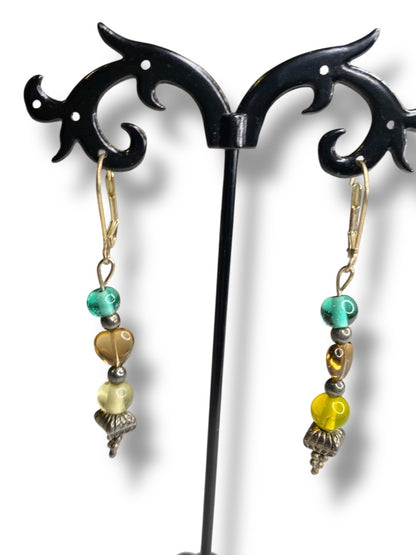 Goldtone Leverback Pierced Earrings 2.25" Beaded Drop Multicolor
