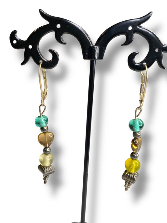 Goldtone Leverback Pierced Earrings 2.25" Beaded Drop Multicolor
