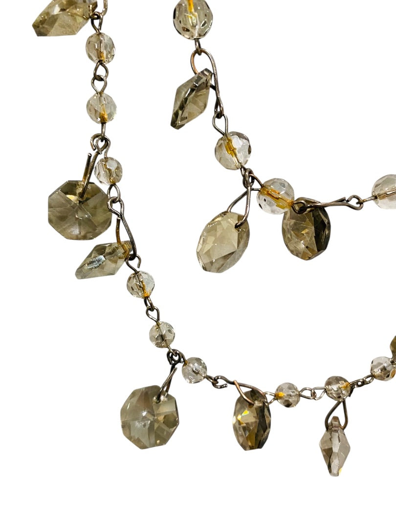 Pewter Color Double Strand Necklace Chunky Crystals 29" Chain