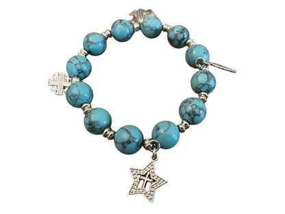 Beaded Stretch Silvertone Fish Feather Star Jerusalem Cross Bracelet Blue NWOT