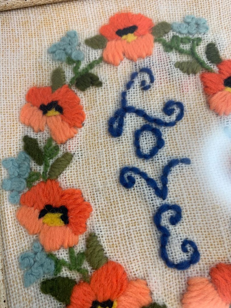 Vintage Framed Needlepoint Crewel Love Floral Wreath Wall Hanging 9.5" x 7.5"