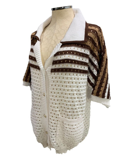 XL Vintage Womens Short Sleeve Loose Knit Collared Cardigan