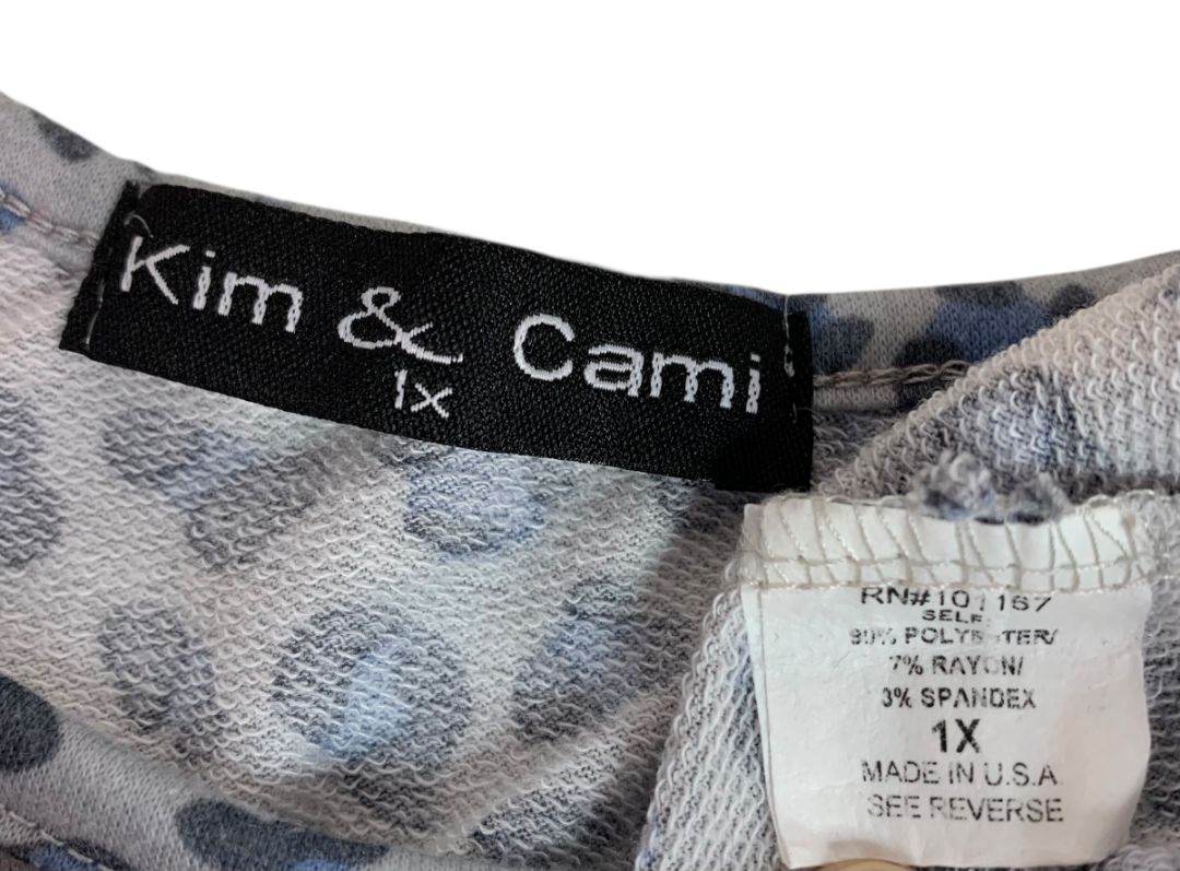 Size 1X Kim & Cami Leopard Print 3/4 Sleeve Top Shirt Gray