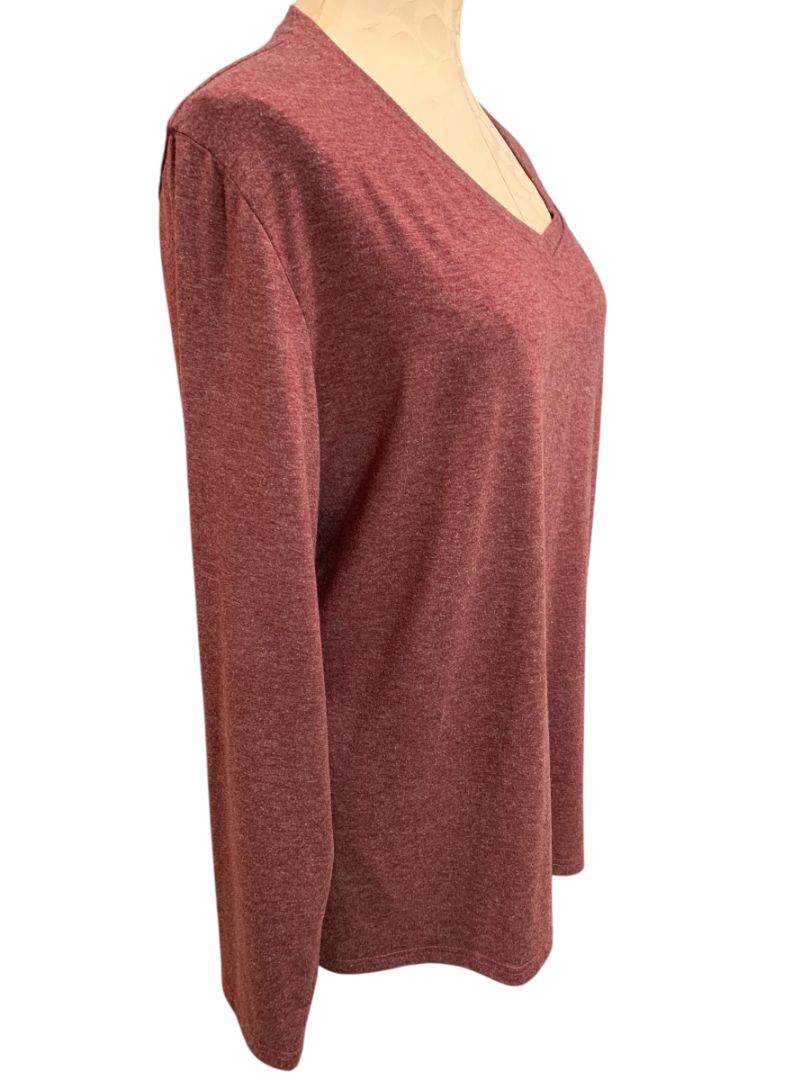 Size XXL Womens Long Sleeve V-Neck Tshirt Burgundy Heathered