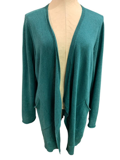 Large Eileen Fisher Womens Linen Teal Cardigan Sweater Pockets Open