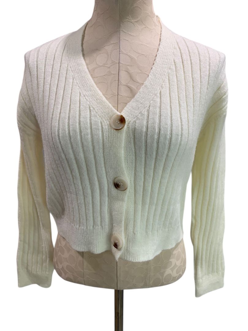 Size Small Womens Ivory Ribbed Cropped Cardigan Sweater