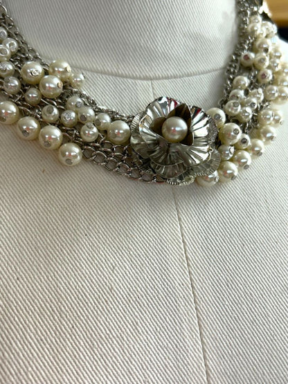 New Silvertone and Faux Pearl Statement Necklace Multistrand 17" + 2" Extender