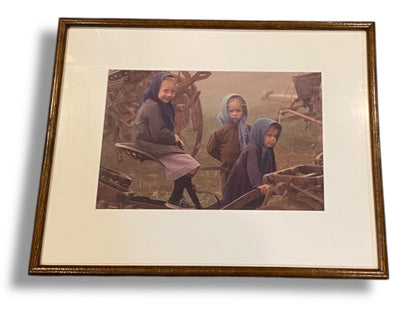 Vintage Rural Children Amish Photograph Framed Americana 20.5" x 16.25"