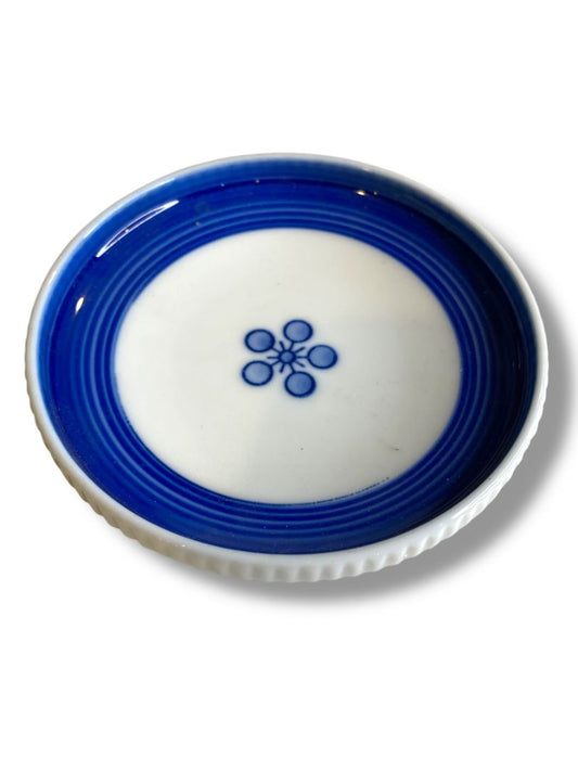 Small Trinket Dish Blue White Flower 4" Diameter Vintage