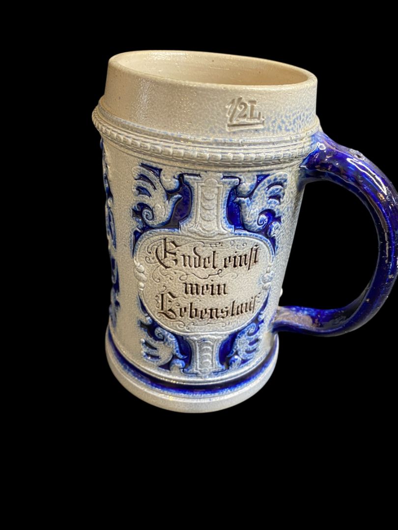 Vintage Germany Stoneware Stein Salt Glazed Mug Cobalt .5 Liter Drink Quickly . . .