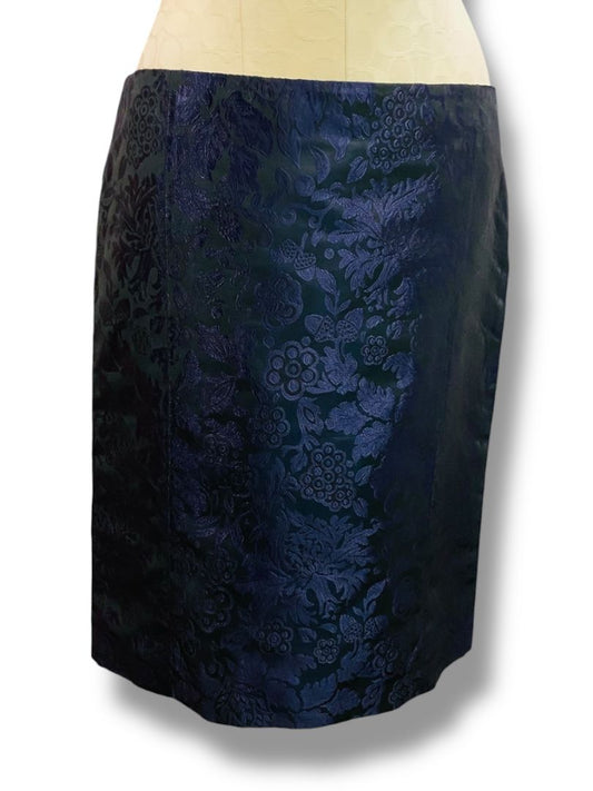 Size 8 Burberry New Navy Blue Floral Jacquard Satin Straight Skirt Knee Length