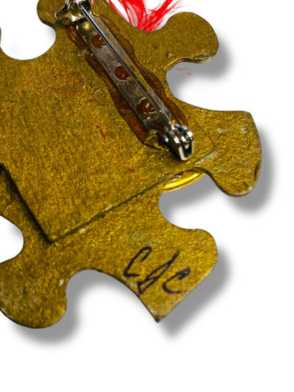 Signed Handcrafted Puzzle Piece Brooch Pin Red Goldtone 2"