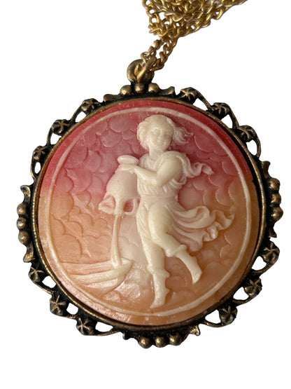 Cameo Pendant Necklace Beach Theme Girl Sand Rowboat 18" Goldtone Chain