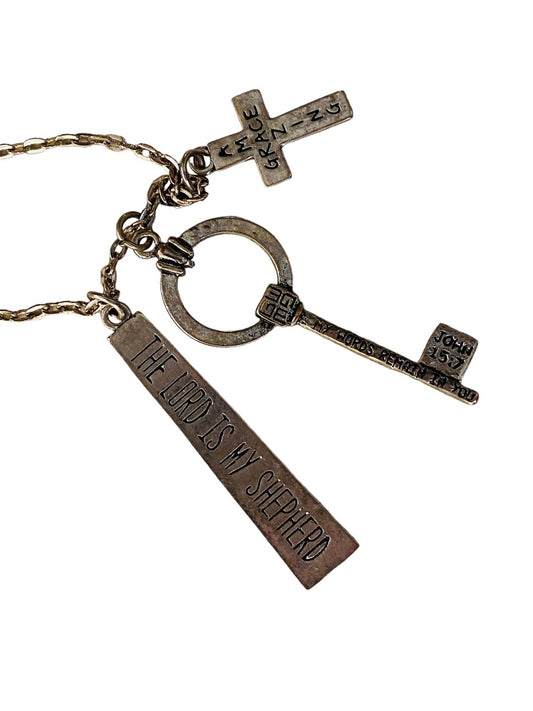 Christian Necklace Silvertone 3 Pendant Cross Key Amazing Grace Religious Lobster Clasp 36" Chain