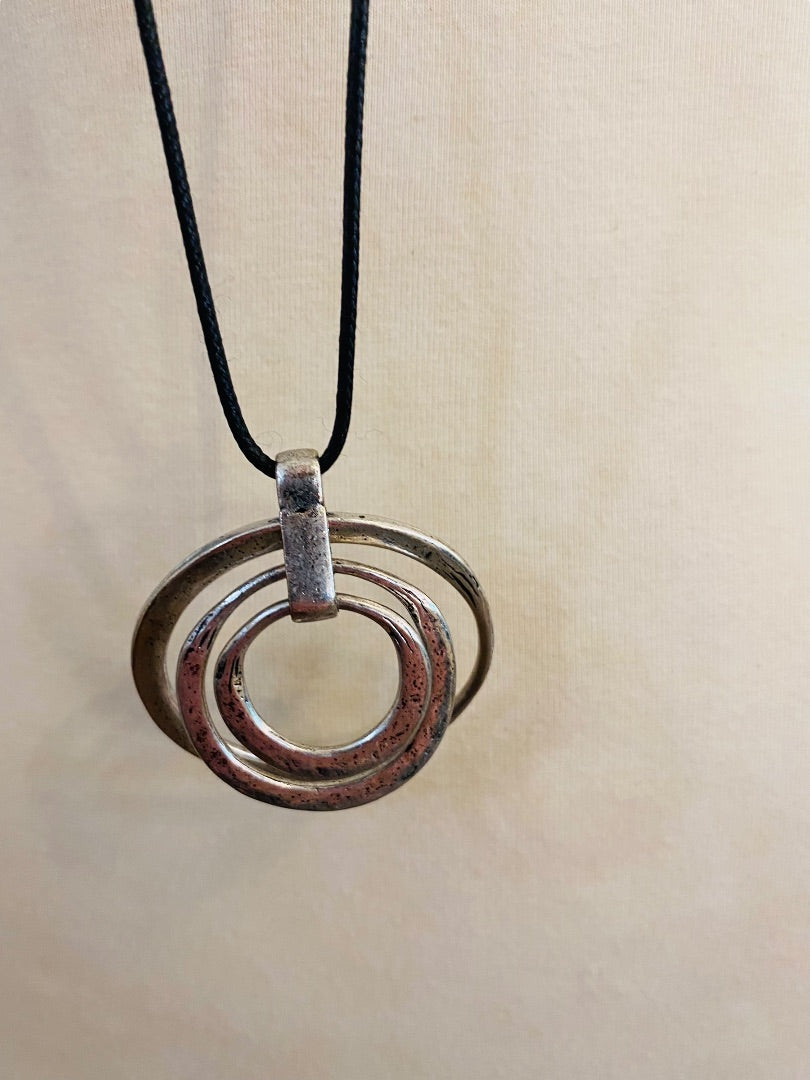 Overhead 41" Cord Necklace Distressed Silvertone Circle Pendant 2" Diameter