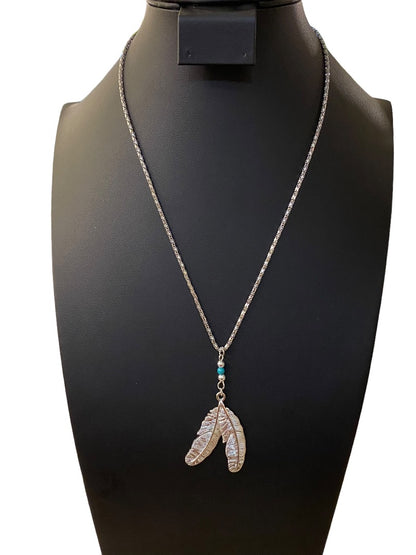 Silvertone Double Feather Necklace 19" Pendant Drop 2.5" Turquoise Color Bead