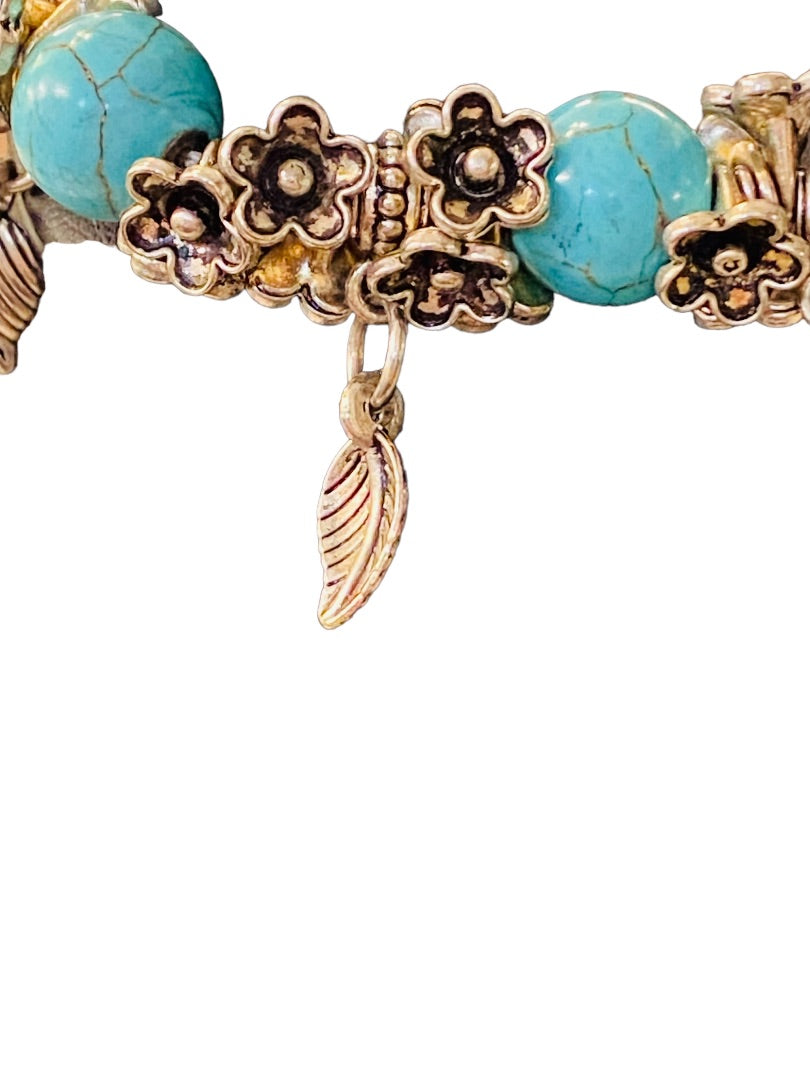 Silvertone and Faux Turquoise Beaded Stretch Bracelet Feather Charms