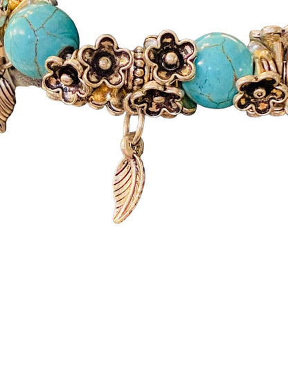 Silvertone and Faux Turquoise Beaded Stretch Bracelet Feather Charms