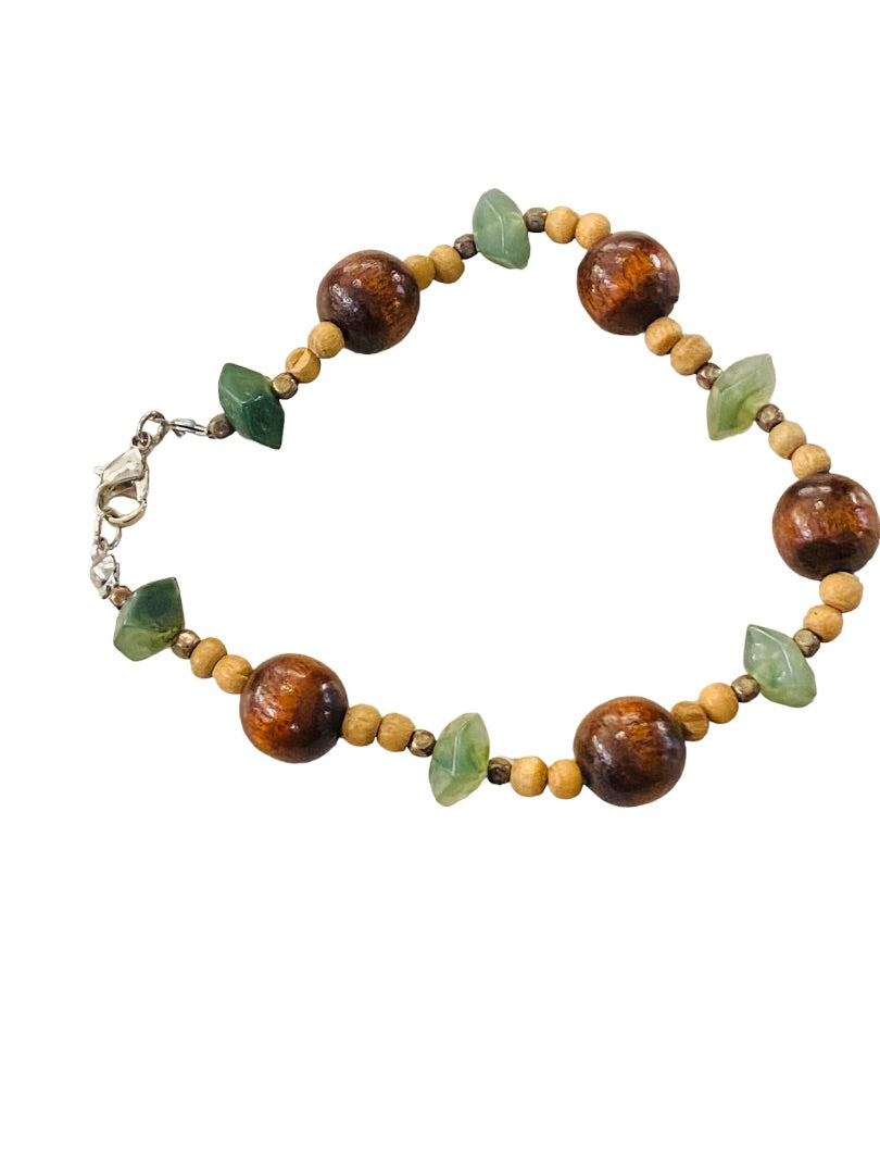 Wood Bead and Green Stone Bracelet 9" Lobster Clasp Lightweight Boho Style